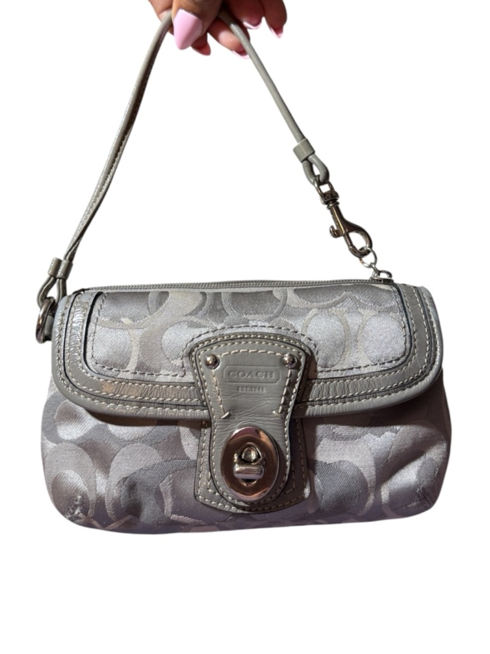 Coach Legacy Signature Optic Turnlock Flap Wristlet, Gray/Silver/Lavender - Picture 7 of 11